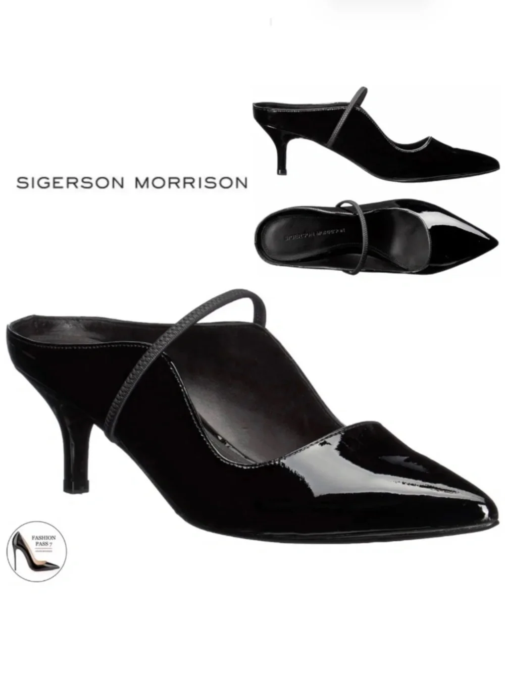 SIGERSON MORRISON Beryl Black Patent Leather Mules Ponted Toe Heeled Pump Shoe 6